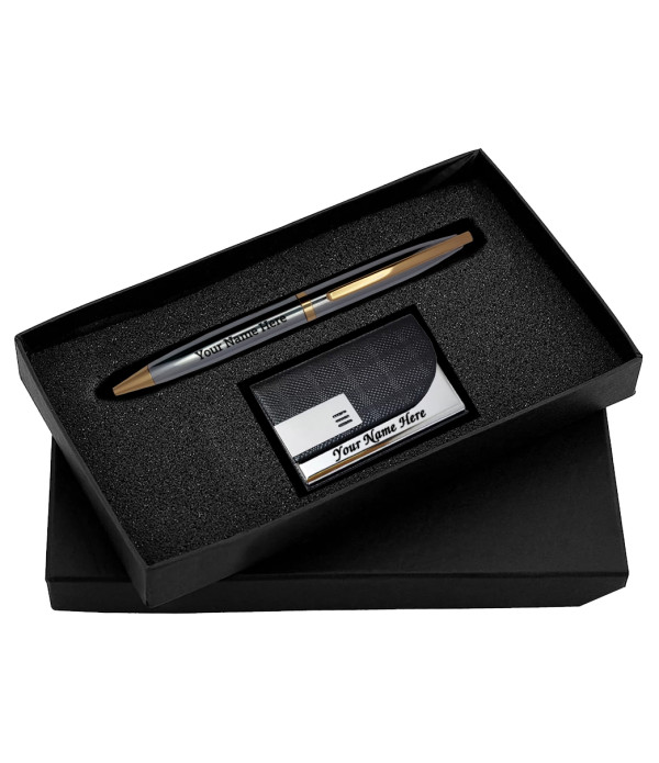 A Gift Set Engraved Your Name/Logo on Pen Personalized Pen Saint Matte Black Doctor Ball Pen With Card Holder with name/logo| 1 Pen + 1 Card Holder| Ink Color - Blue | Perfect For Employees | Unique Gifts For Entrepreneurs