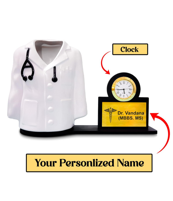 A Doctor Apron/Coat Inside Pen Stand and Doctor logo With Watch & Name Plate | Best For Doctors/Medical Aspirants| Material-Fiber | White  | Doctor Birthday| Weddings