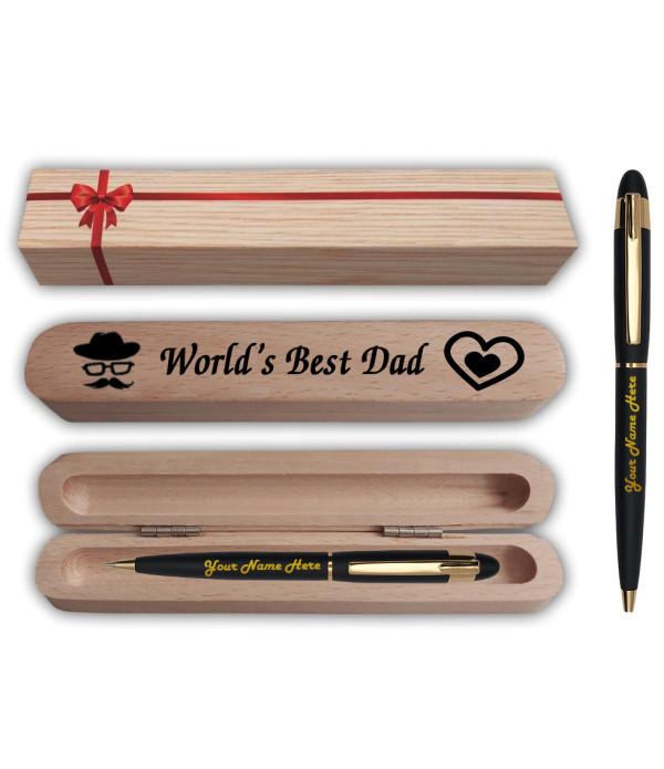 KlowAge Personalised Matte Black Gold trim ball pen With Name On Wooden Best Dad Box And Pen Name Engraved | Customised Pen | Personalized Pen