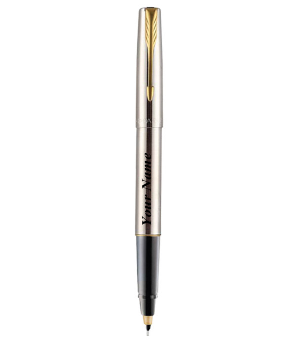 Parker Personalized Frontier Stainless Steel Gold Trim Roller Pen with Name on Pen with Gift Bag Customized For Men and Women | Teachers | Weddings | Corporate | Employee Gifting