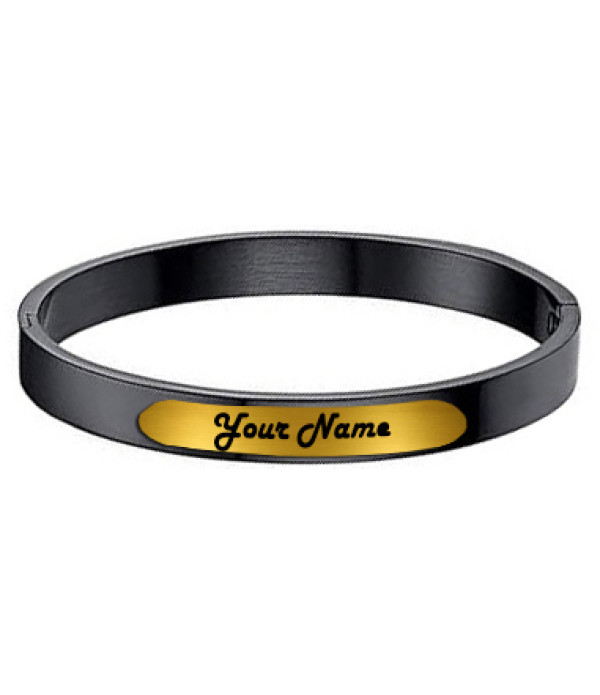 KlowAge Customised Stainless Steel unisex Matte Black Bracelets Kada with Personalized Engraved Your Name on Gold Plate Kada Bracelets with bag for gift