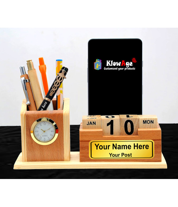 Best Wooden Pen Stand with Clock and Calendar- Personalized Engraved Name on stand, Premium Desk Organizer