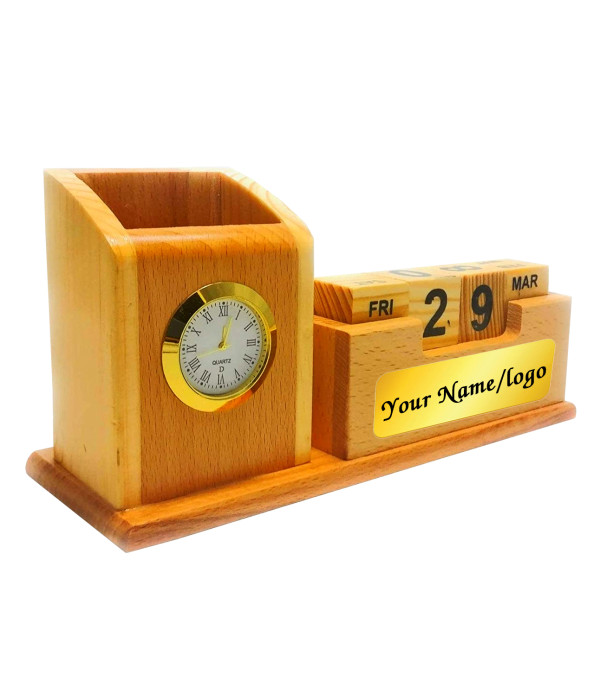 Best Wooden Pen Stand with Clock and Calendar- Personalized Engraved Name on stand, Premium Desk Organizer