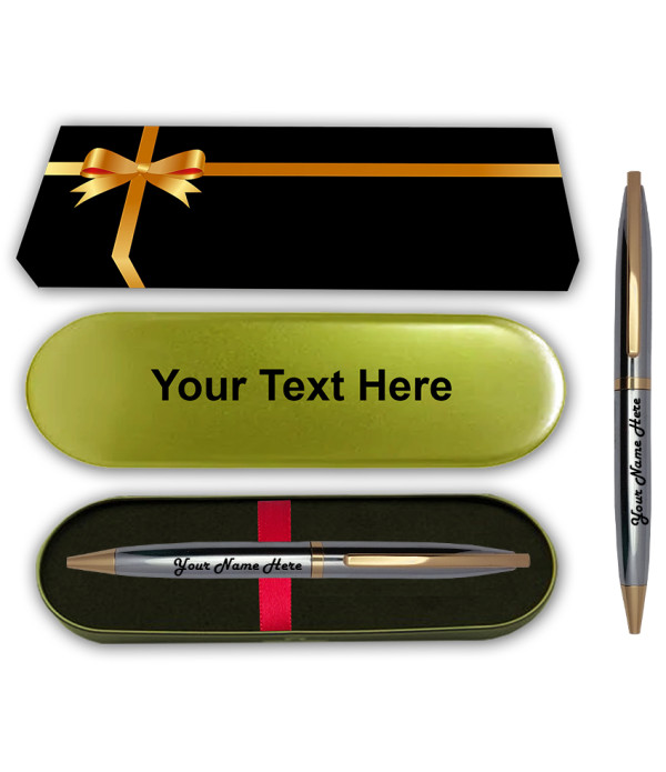 KlowAge Personalised Saint Stainless Steel Gold Trim Pen with Name on Metal Box and Name on Pen Name Engraved | customised Pen | Personalized Pen