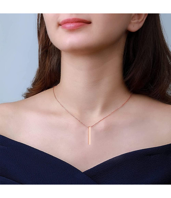 KlowAge Jewellery Rose Gold 3D Cuboid Vertical Bar Locket Pendant Necklace Engraving Name 4 side on Pendal Customize Personalized etc to Birthday,Annivarsary,Valentineday,Friendship day