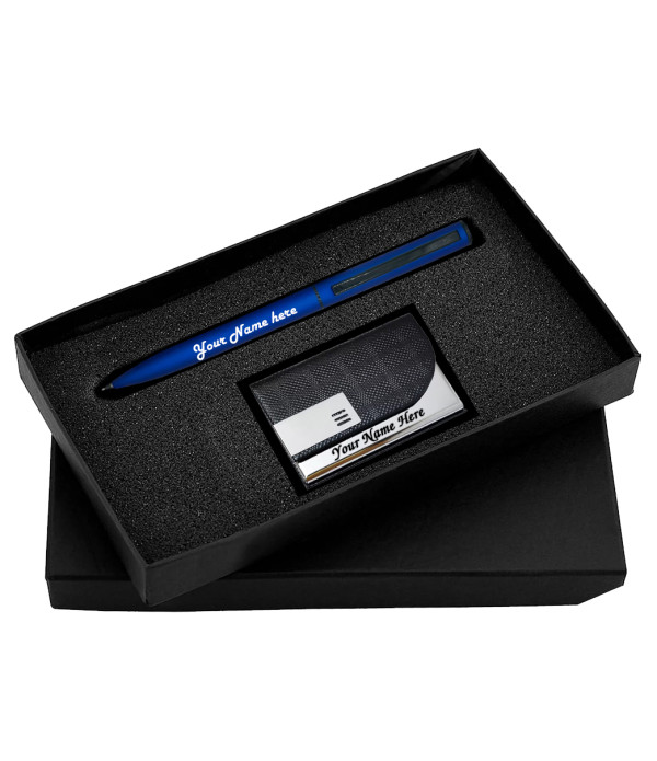 A Gift Set Engraved Your Name/Logo on Pen Personalized Pen Saint Matte Black Doctor Ball Pen With Card Holder with name/logo| 1 Pen + 1 Card Holder| Ink Color - Blue | Perfect For Employees | Unique Gifts For Entrepreneurs