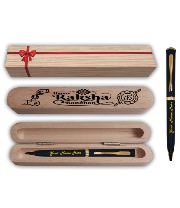 Saint Diamond Matte Black Ball Pen With Name On Wooden Happy Rakha Bandhan Box And Pen Name Engraved | Customised Pen | Personalized Pen