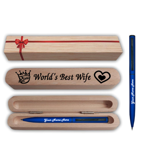 KlowAge Saint Navy Blue Ball Pen with Engraving Name on Pen and World's Best Wife Box and Bag .Excellent Gift| Premium Pen|Name on Pen