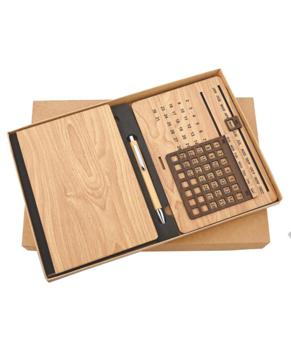 A Wooden Pen with Desktop Calendar and Diary Set