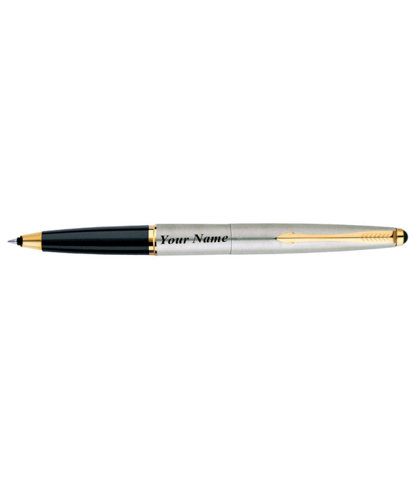 Parker Personalized Galaxy Stainless Steel Gold Trim Roller Pen with Name on Pen with Gift Bag Customized For Men and Women | Teachers | Weddings | Corporate | Employee Gifting