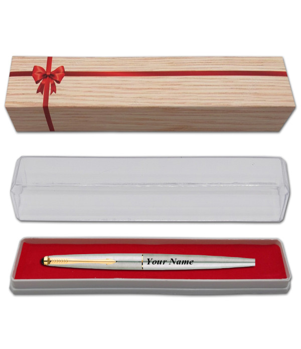 Parker Personalized Galaxy Stainless Steel Gold Trim Roller Pen with Name on Pen with Gift Bag Customized For Men and Women | Teachers | Weddings | Corporate | Employee Gifting