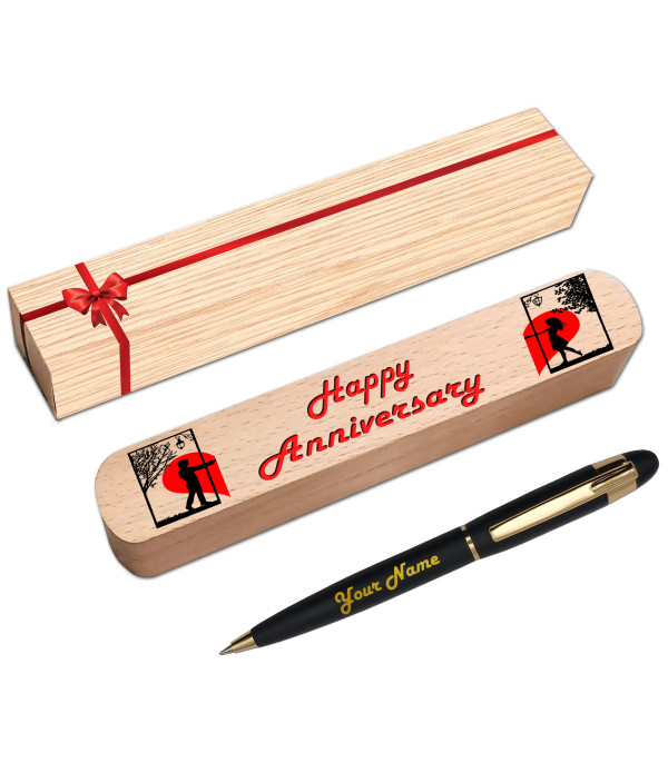 KlowAge Saint Matte Black Gold Trim Ball Pen with Wishing Happy Anniversary Gift Box and Bag .Excellent Gift | Valentine day Best Gift | Premium Pen | Employee Gifting| Name on Pen