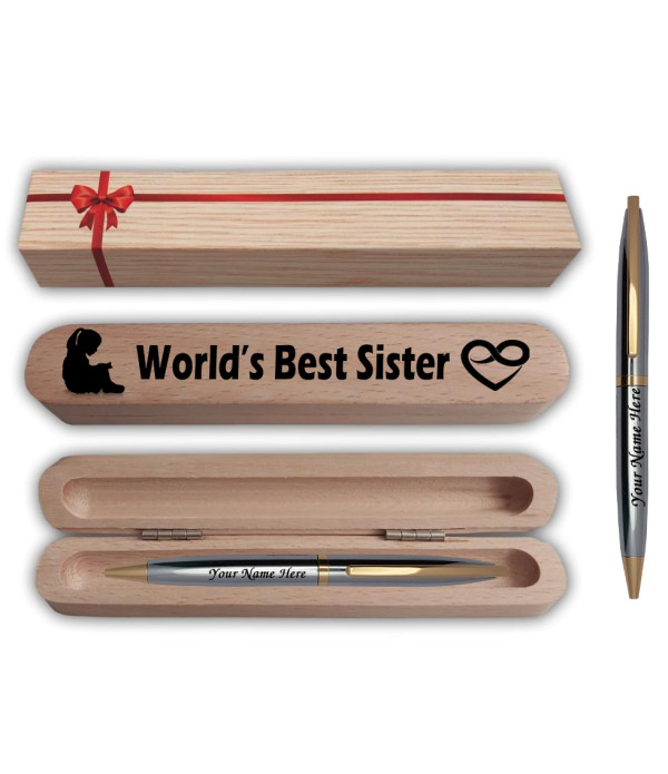 Personalised Matte Black Gold trim ball pen With Name On Wooden Best Sister Box And Pen Name Engraved | Customised Pen | Personalized Pen