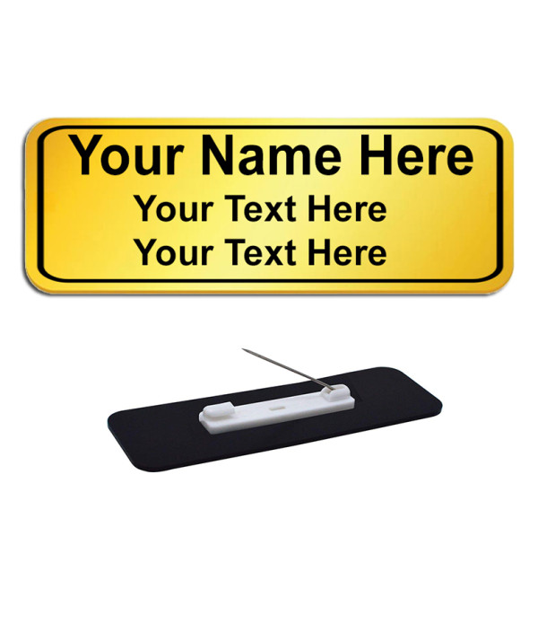 KlowAge Personalized/Customised Custom Engraved 3 Line Name Tag Badges – Personalized Identification with Pin,3 Inch x 1 Inches,Golden Black High Grade Acrylic | Name Plate Suits,shirt for Business