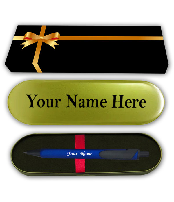 KlowAge Personalised Saint Triangle Navy Blue Ball Pen With Name On Metal Box and Name on pen Engraved | Customised Pen | Personalized Pen