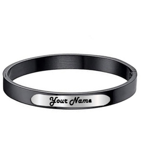 KlowAge Customised Stainless Steel unisex Matte Black Bracelets Kada with Personalized Engraved Your Name on Silver Plate Kada Bracelets with bag for gift