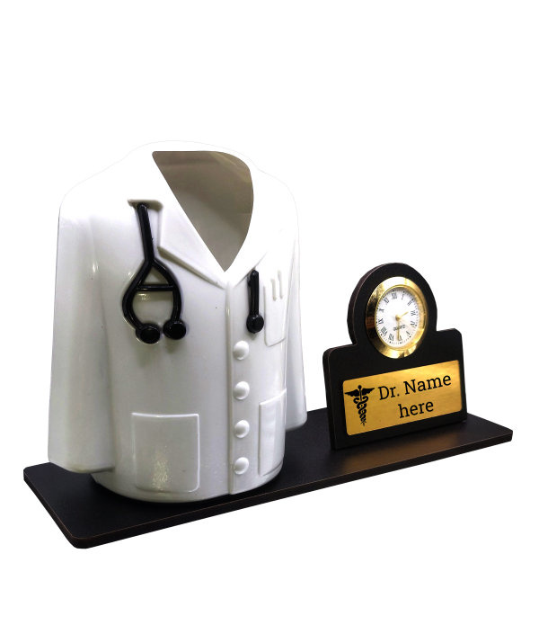 A Doctor Apron/Coat Inside Pen Stand and Doctor logo With Watch & Name Plate | Best For Doctors/Medical Aspirants| Material-Fiber | White  | Doctor Birthday| Weddings