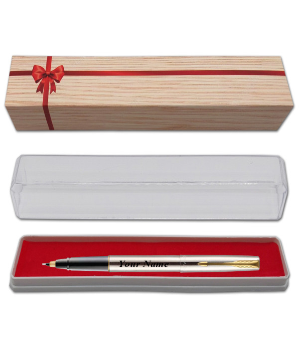 Parker Personalized Frontier Stainless Steel Gold Trim Roller Pen with Name on Pen with Gift Bag Customized For Men and Women | Teachers | Weddings | Corporate | Employee Gifting