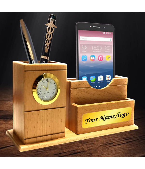 Custom Pen Stand with Clock- Personalized Engraved Name on stand, Premium Desk Organizer for Doctor,advocate,Teacher,principal,businessman,School Sir etc