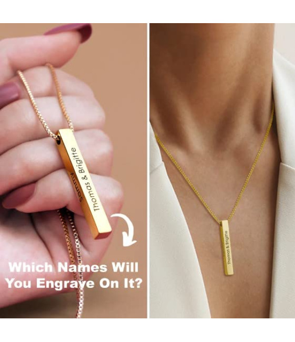 KlowAge Jewellery Gold 3D Cuboid Vertical Bar Locket Pendant Necklace Engraving Name 4 side on Pendal Customize Personalized etc to Birthday,Annivarsary,Valentineday,Friendship day