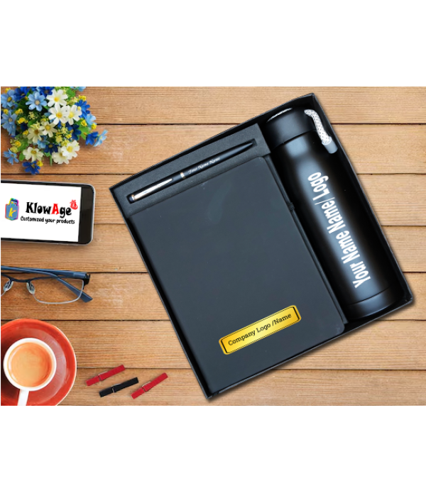 A KlowAge Customised Gift set of Pen With Steel Water Bottle And Diary for Men & Women | 3 in 1 Corporate Persnolised Gift Set | Customized Notebook/Diaries/Journals | Gift Combo