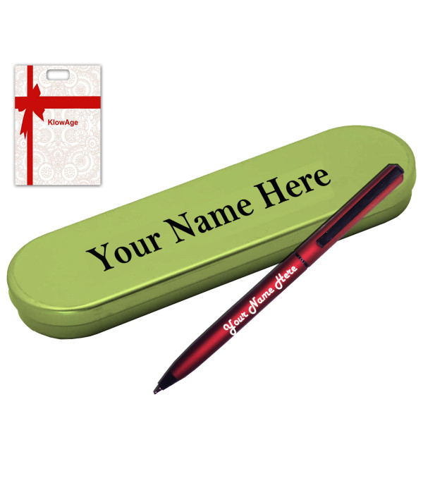 KlowAge Personalised Saint Maroon Slim Ball Pen With Name Logo On Metal Box And Name On Pen Engraved | Customised Pen | Personalized Pen