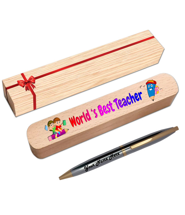 KlowAge Saint SS Gold Trim Ball Pen with World's Best Teacher Gift Box and Bag| Teacher's Day Best Gift | Premium Pen | Name on Pen