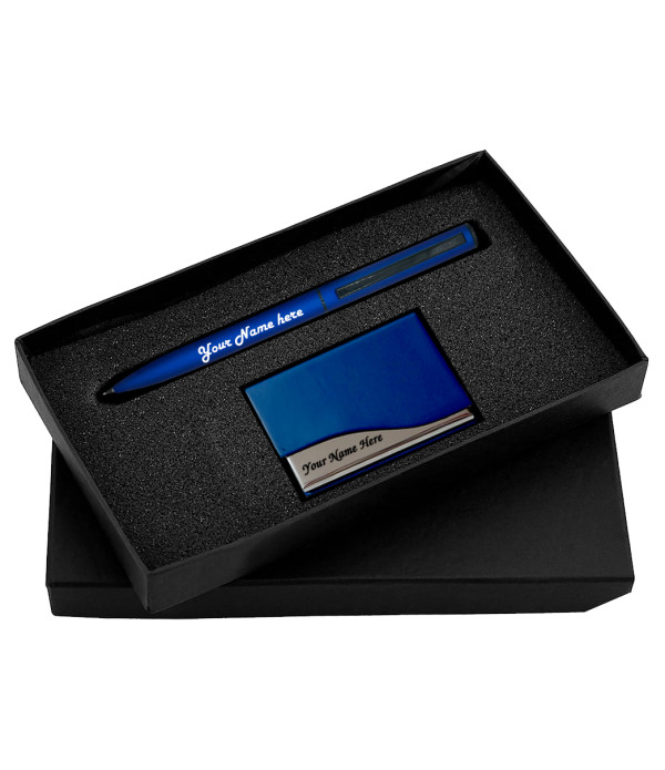 KlowAge Saint Navy Blue Ball Pen with Card Holder,Black Leather Case, Gift for Men and Women .Excellent Gift | examination Best Gift | Premium Pen | student Gifting|Name on Pen