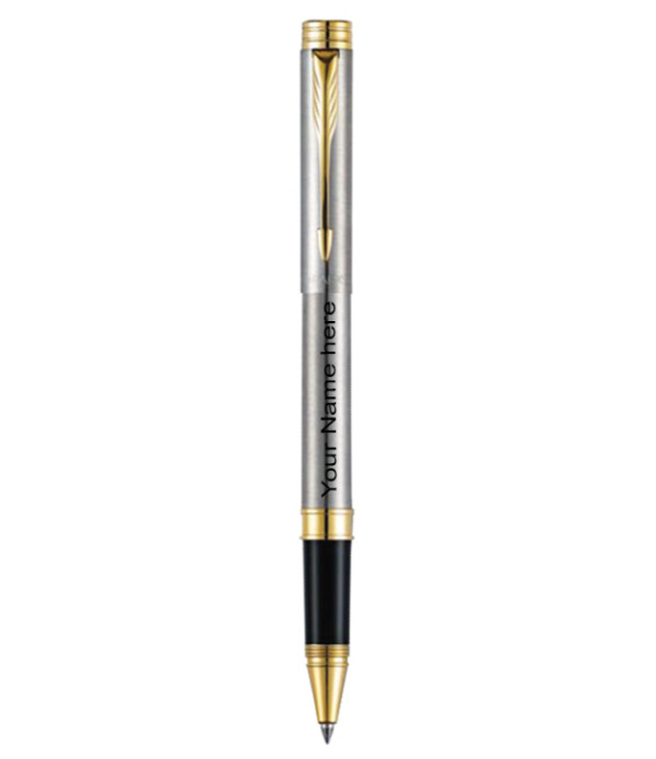 Parker Personalized FOLIO STAINLESS STEEL ROLLER BALL PEN WITH GOLD TRIM  Name on Pen with Gift Bag Customized For Men and Women | Teachers | Weddings | Corporate | Employee Gifting