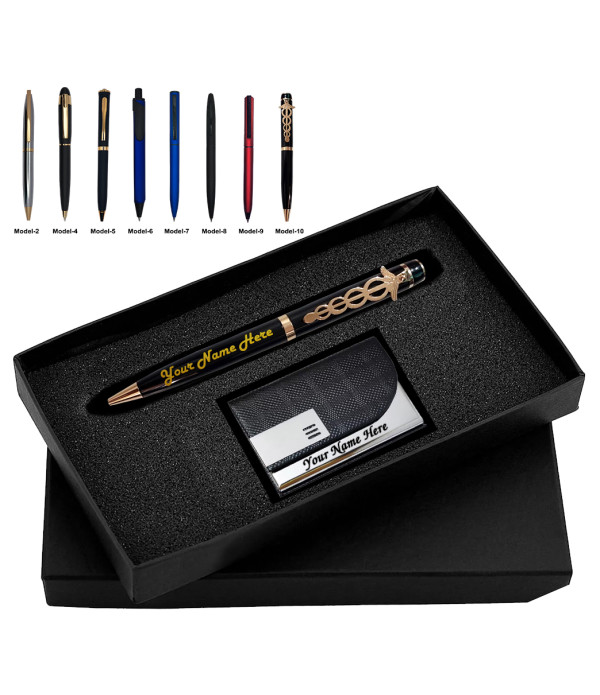 A Gift Set Engraved Your Name/Logo on Pen Personalized Pen Saint Matte Black Doctor Ball Pen With Card Holder with name/logo| 1 Pen + 1 Card Holder| Ink Color - Blue | Perfect For Employees | Unique Gifts For Entrepreneurs