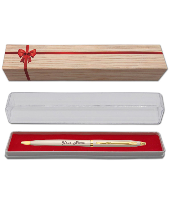 Cello Personalized Name on Pen Signature Creme Ivory Slim Ball Pen with Gift Bag Customized For Men and Women | Teachers | Weddings | Corporate | Employee Gifting