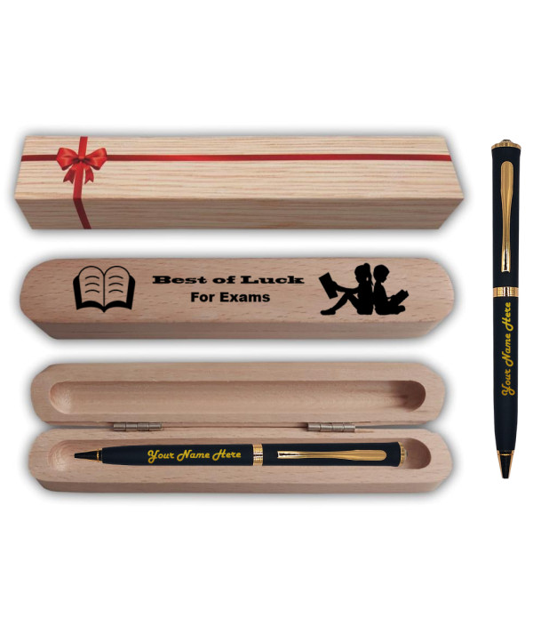 KlowAge Saint Diamond Matte Black Ball Pen With Name On Wooden Best of Luck for Exam Box And Pen Name Engraved | Customised Pen | Personalized Pen