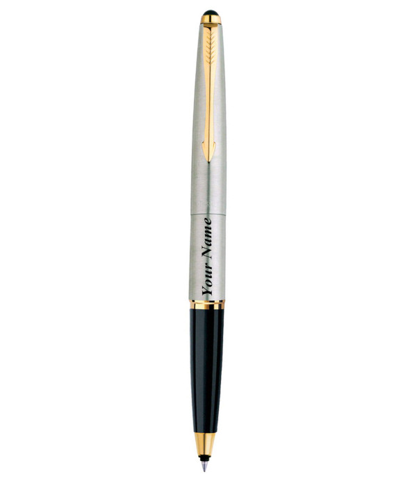 Parker Personalized Galaxy Stainless Steel Gold Trim Roller Pen with Name on Pen with Gift Bag Customized For Men and Women | Teachers | Weddings | Corporate | Employee Gifting