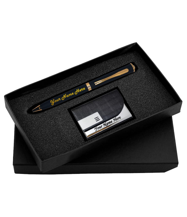 A Gift Set Engraved Your Name/Logo on Pen Personalized Pen Saint Matte Black Doctor Ball Pen With Card Holder with name/logo| 1 Pen + 1 Card Holder| Ink Color - Blue | Perfect For Employees | Unique Gifts For Entrepreneurs