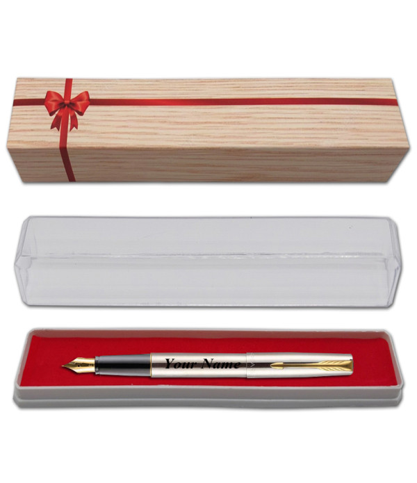 Parker Personalized Frontier Stainless Steel Gold Trim Fountain Pen with Name on Pen with Gift Bag Customized For Men and Women | Teachers | Weddings | Corporate | Employee Gifting