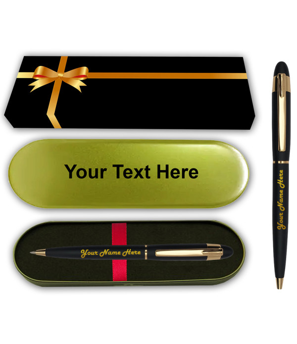 KlowAge Personalised Matte Black Gold trim ball pen With Name On Metal Box and Name on pen Engraved | Customised Pen | Personalized Pen