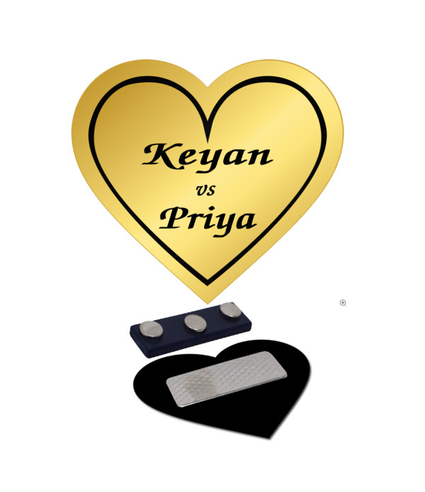 Custom Engraved Heart Shape Name Tag Badges–Golden Black High Grade Acrylic | Name Plate for Engagement,Marriage,Valentine Day,Couple,Love