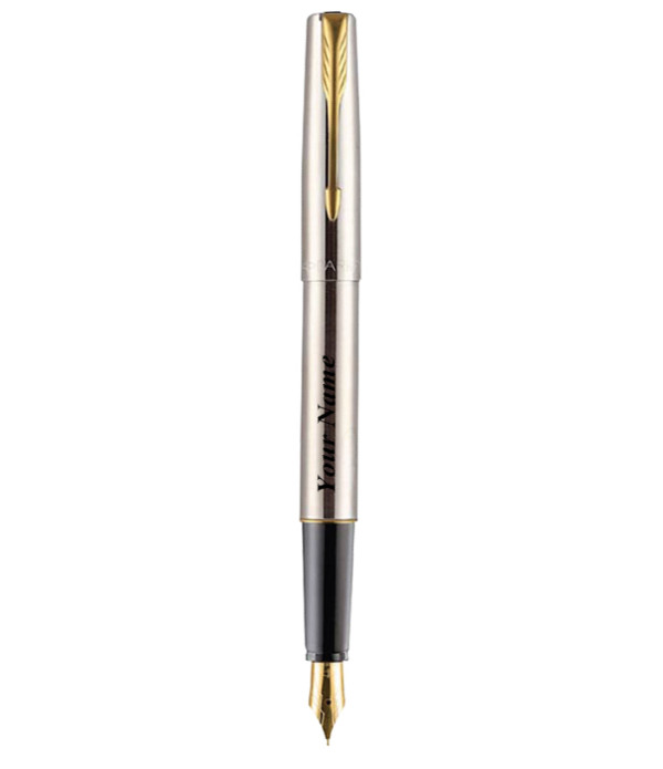 Parker Personalized Frontier Stainless Steel Gold Trim Fountain Pen with Name on Pen with Gift Bag Customized For Men and Women | Teachers | Weddings | Corporate | Employee Gifting