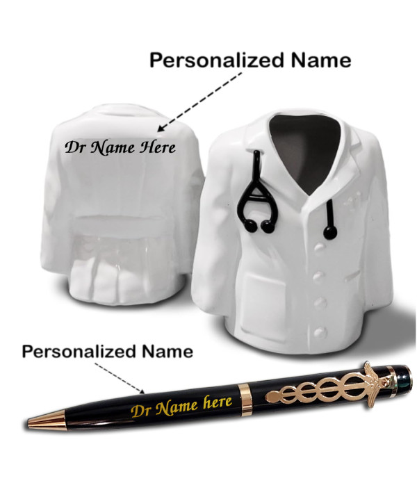 Best Custom Doctor Coat Pen Stand with Doctor Symbol Ball Pen Personalized Engraved Name on pen and Pen stand, Premium Desk Organizer for Doctors, Medical Professionals | Best For Doctors/Medical Aspirants| Material-Fiber | Doctor Birthday| Weddings